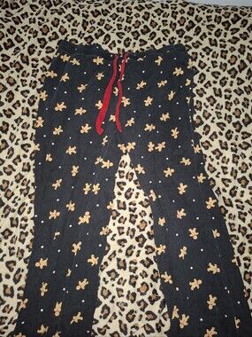 Kids Black Gingerbread-Print Pajama Pants with Red Drawstring